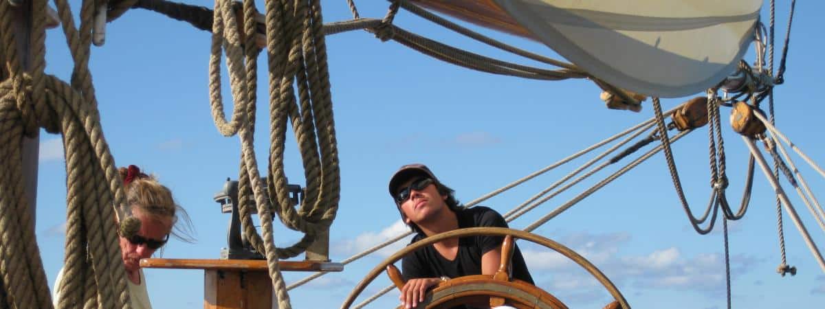 Learn to steer a gaff ketch on holiday. Tecla has a big ships wheel