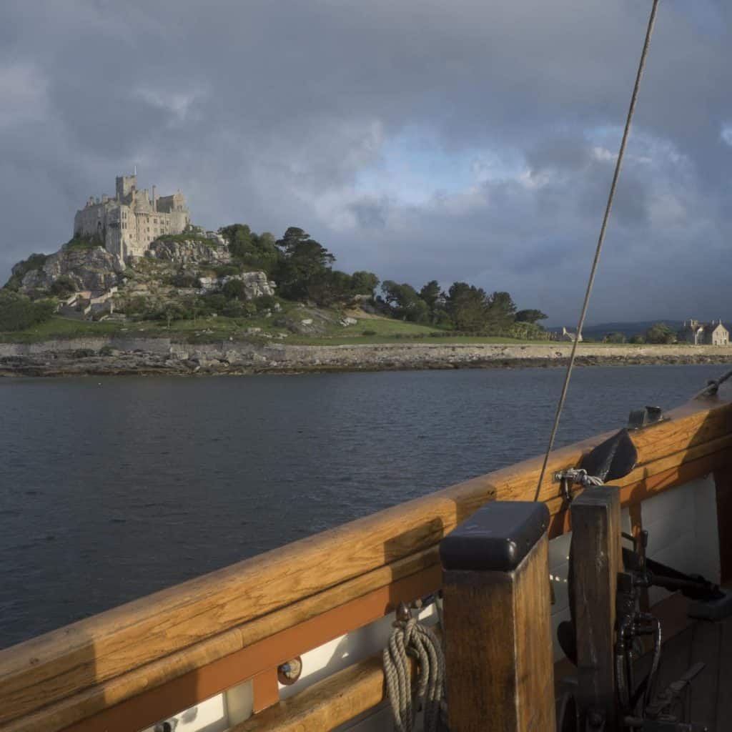 Pilgrim sails to Cornwall and passes St Michael's Mount 