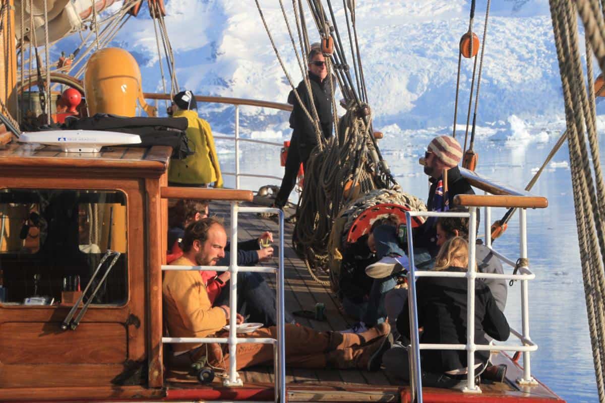 sunbathing and lunch on deck in Antarctica