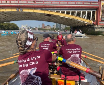 Sue and then Adam and Andy in the London great River Race 2024 in Pinnacle from Flushing and Myor Gig Club