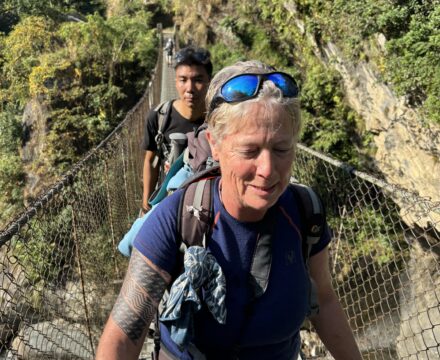 Debbie on the first suspension Cable bridge.